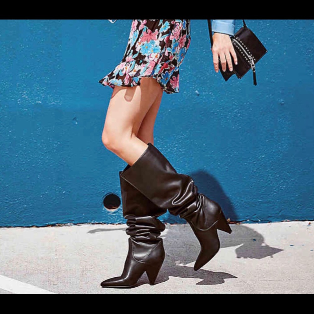 Black Faux Leather Knee High Boots - Picture 2 of 4
